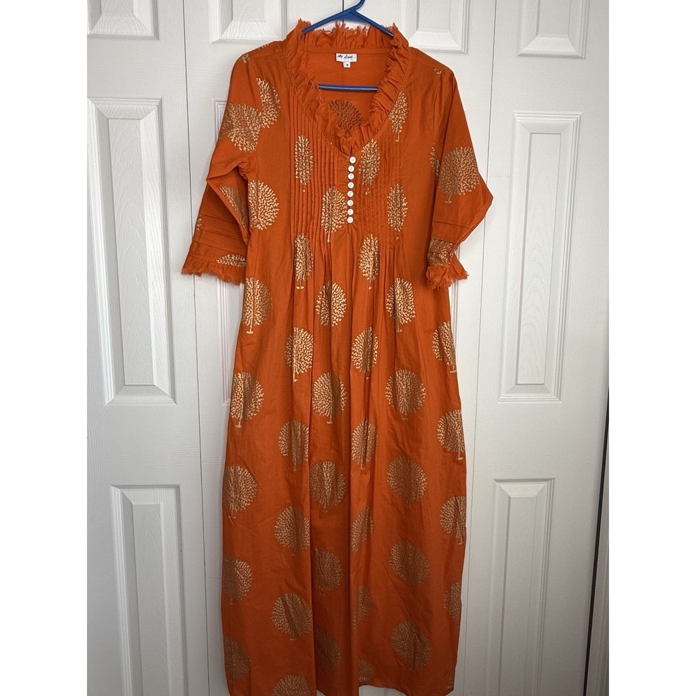 At Last Annabel Maxi Dress Tangerine Orange Gold Cotton Ruffled V-Neck Sz 10
